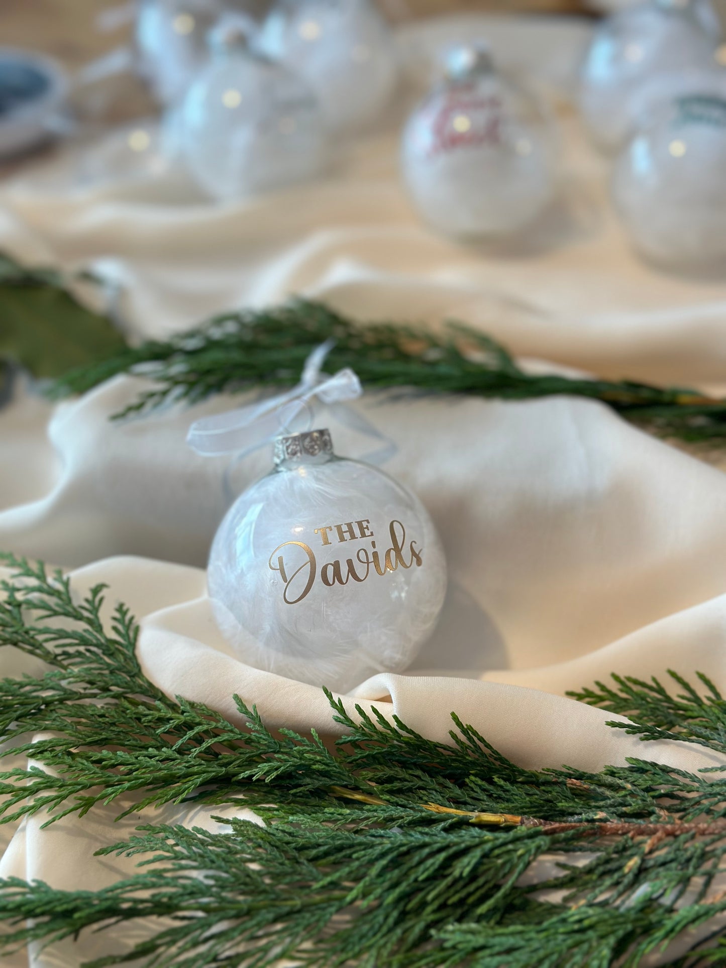 Personalised Family Name Bauble: Glass White Feather Ornament [Anniversary Engagement Wedding Gift Proposal]