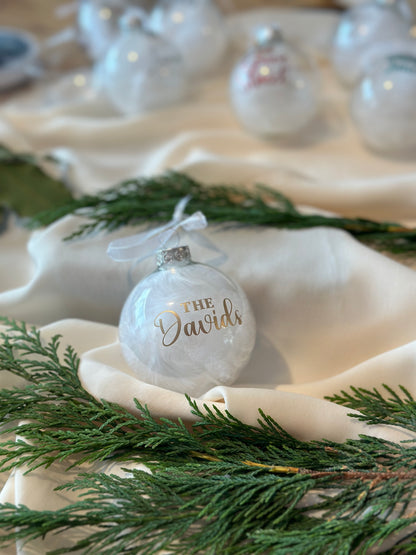 Personalised Family Name Bauble: Glass White Feather Ornament [Anniversary Engagement Wedding Gift Proposal]