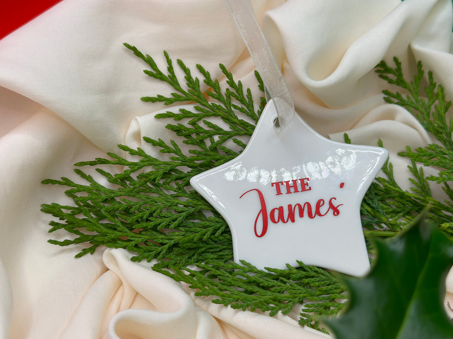 Personalised Family Name Christmas Ornament: Ceramic, Star or Frosted Glass Bauble [Anniversary Engagement Wedding Gift Proposal]