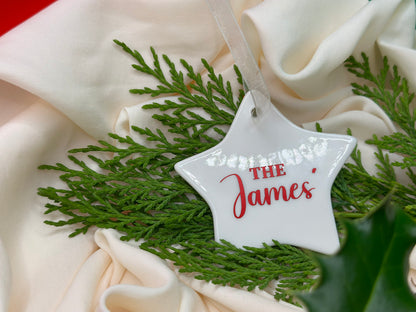 Personalised Family Name Christmas Ornament: Ceramic, Star or Frosted Glass Bauble [Anniversary Engagement Wedding Gift Proposal]