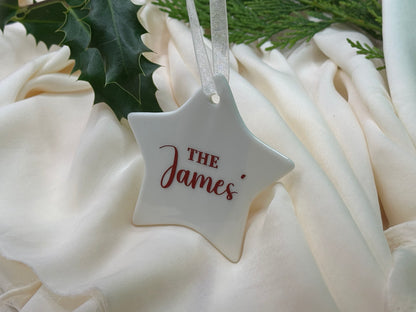 Personalised Family Name Christmas Ornament: Ceramic, Star or Frosted Glass Bauble [Anniversary Engagement Wedding Gift Proposal]