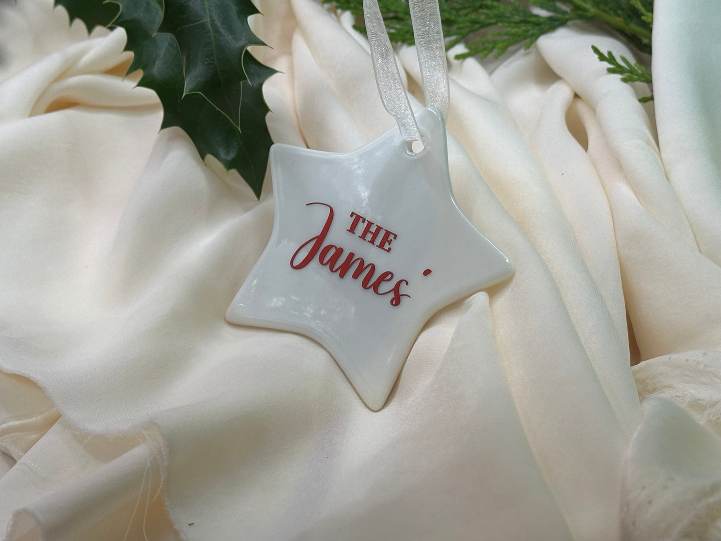Personalised Family Name Christmas Ornament: Ceramic, Star or Frosted Glass Bauble [Anniversary Engagement Wedding Gift Proposal]