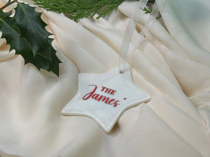 Personalised Family Name Christmas Ornament: Ceramic, Star or Frosted Glass Bauble [Anniversary Engagement Wedding Gift Proposal]