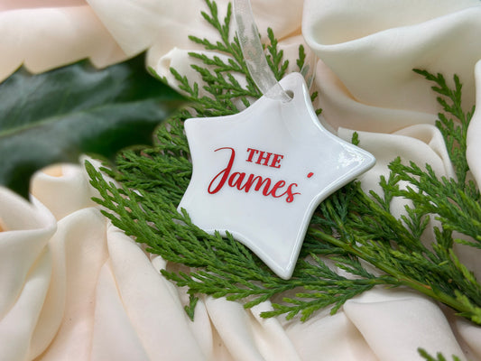 Personalised Family Name Christmas Ornament: Ceramic, Star or Frosted Glass Bauble [Anniversary Engagement Wedding Gift Proposal]