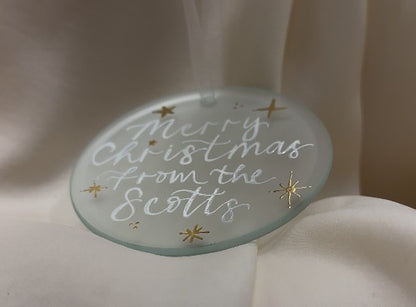 Handwritten Calligraphy Family Name Christmas Ornament: Ceramic, Star or Frosted Glass Bauble [Anniversary Engagement Wedding Gift Proposal]