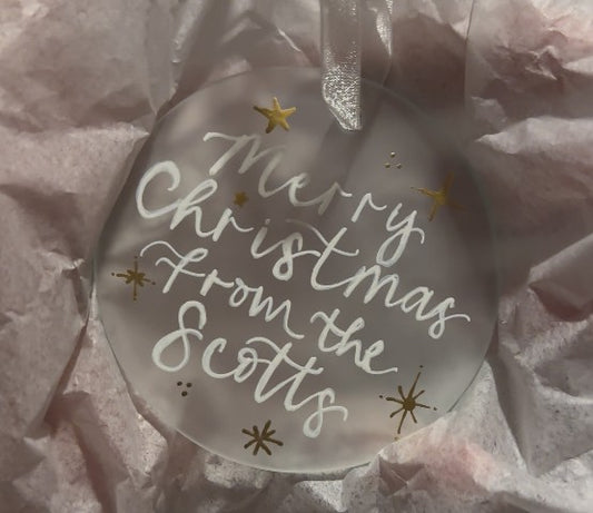 Handwritten Calligraphy Family Name Christmas Ornament: Ceramic, Star or Frosted Glass Bauble [Anniversary Engagement Wedding Gift Proposal]