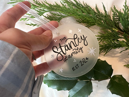 Handwritten Calligraphy Family Name Christmas Ornament: Ceramic, Star or Frosted Glass Bauble [Anniversary Engagement Wedding Gift Proposal]