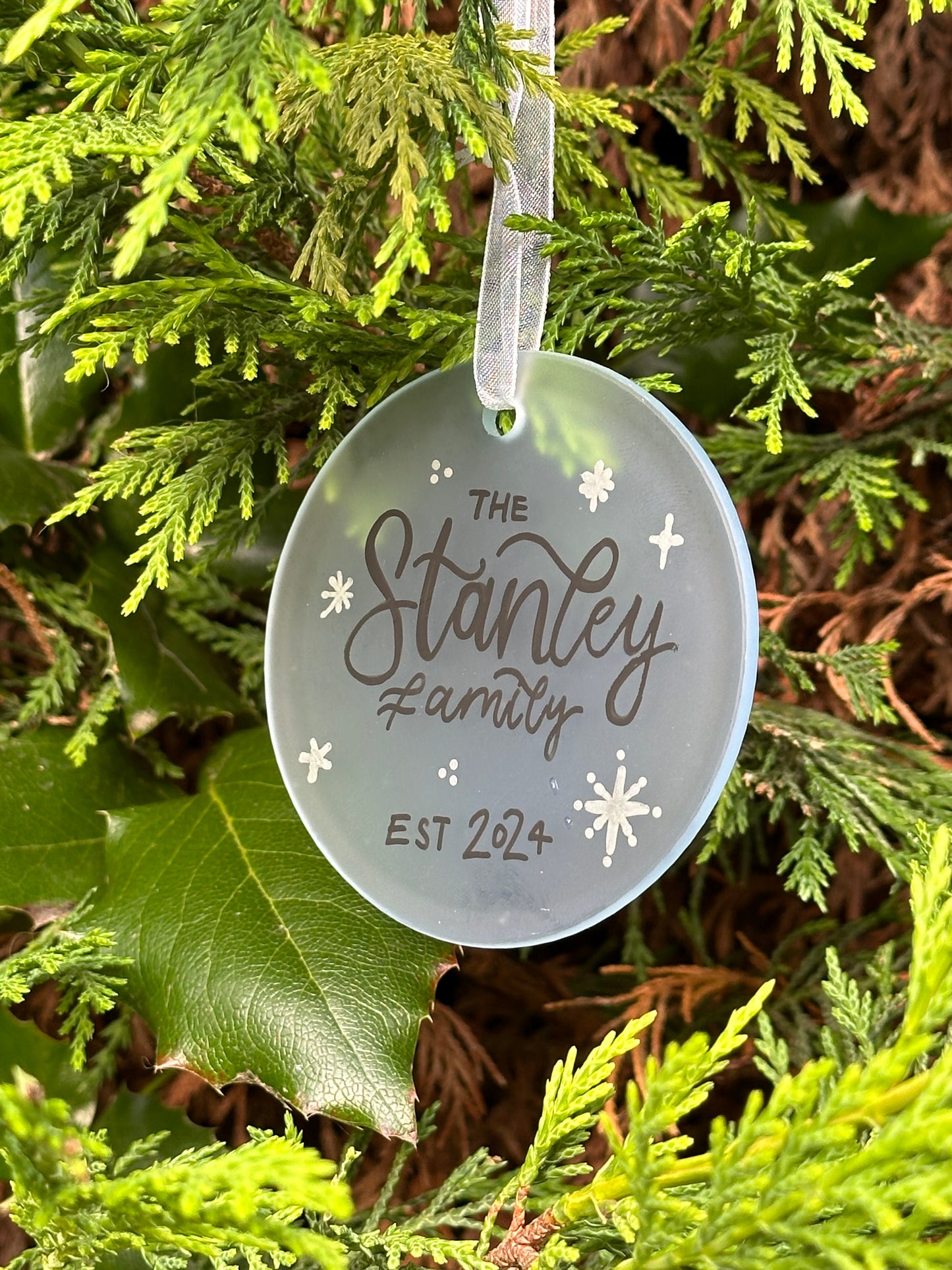 Handwritten Calligraphy Family Name Christmas Ornament: Ceramic, Star or Frosted Glass Bauble [Anniversary Engagement Wedding Gift Proposal]
