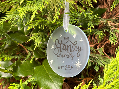 Handwritten Calligraphy Family Name Christmas Ornament: Ceramic, Star or Frosted Glass Bauble [Anniversary Engagement Wedding Gift Proposal]