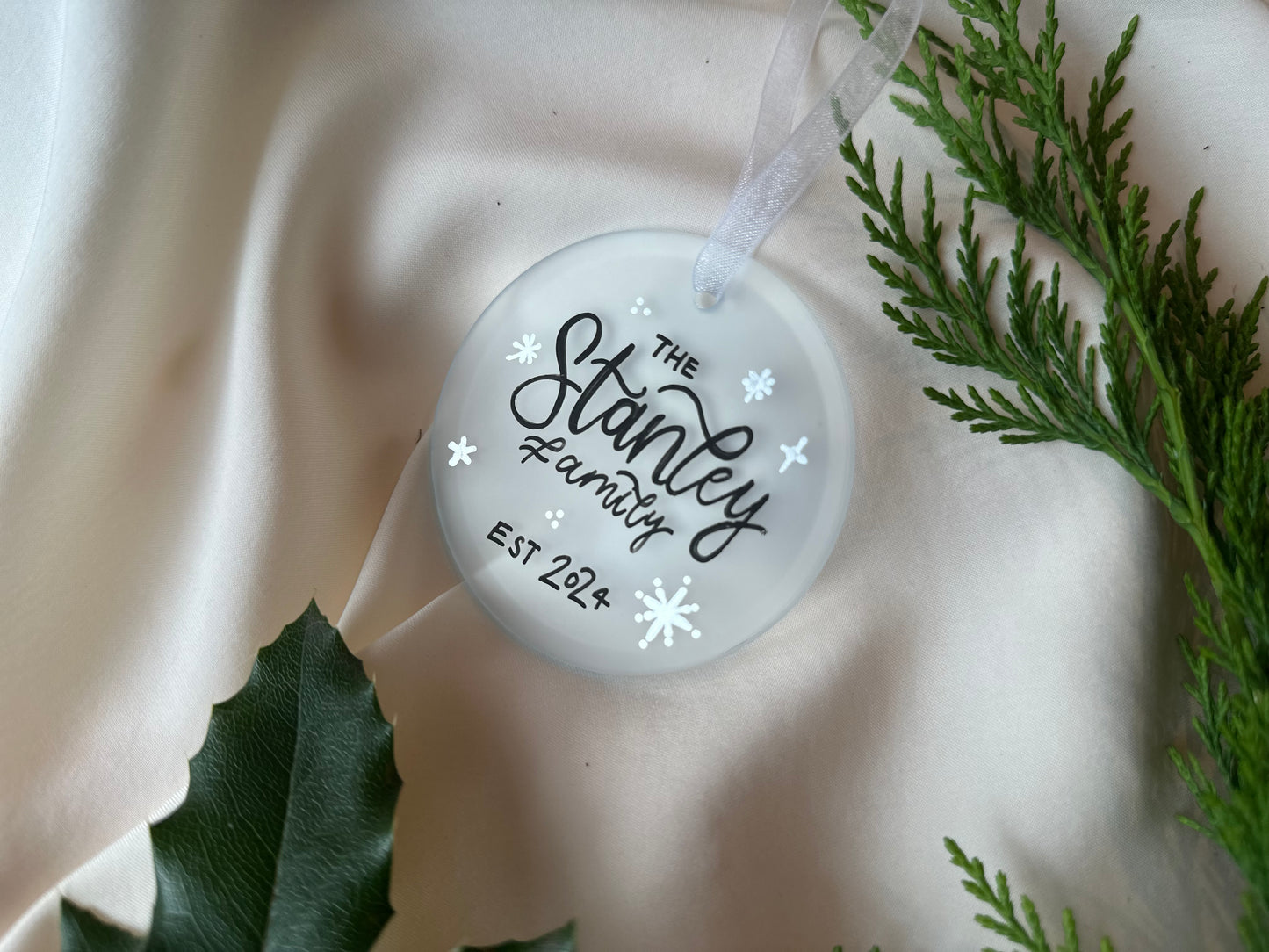 Handwritten Calligraphy Family Name Christmas Ornament: Ceramic, Star or Frosted Glass Bauble [Anniversary Engagement Wedding Gift Proposal]