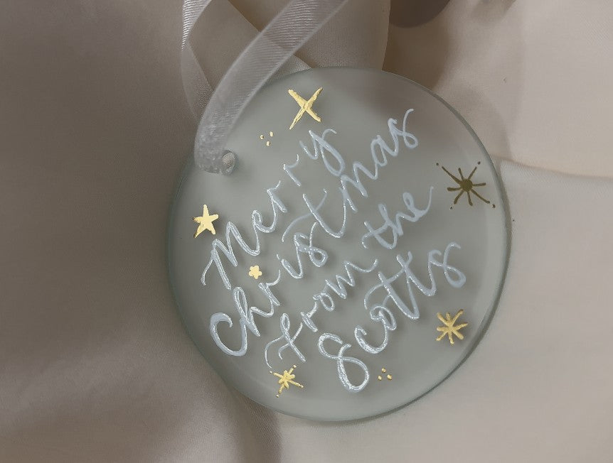 Handwritten Calligraphy Family Name Christmas Ornament: Ceramic, Star or Frosted Glass Bauble [Anniversary Engagement Wedding Gift Proposal]