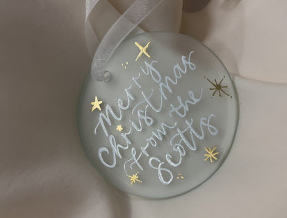 Handwritten Calligraphy Family Name Christmas Ornament: Ceramic, Star or Frosted Glass Bauble [Anniversary Engagement Wedding Gift Proposal]