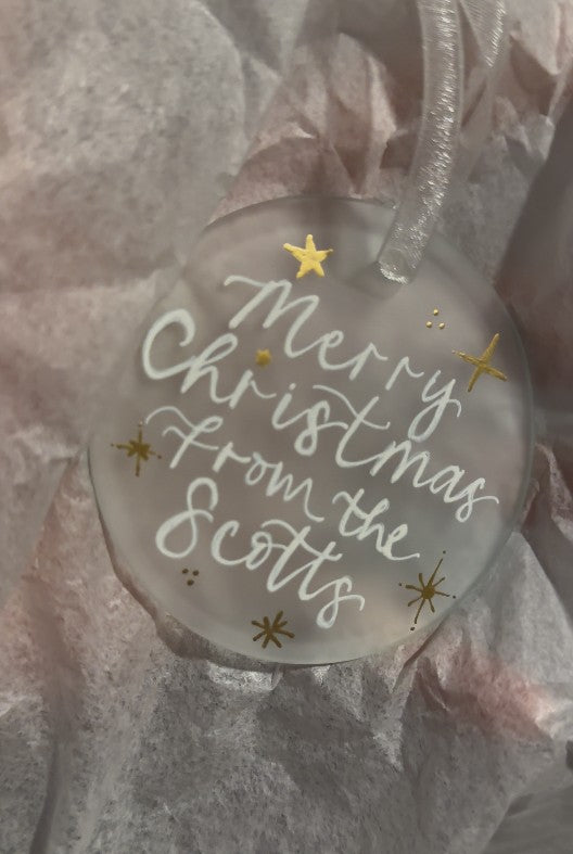 Handwritten Calligraphy Family Name Christmas Ornament: Ceramic, Star or Frosted Glass Bauble [Anniversary Engagement Wedding Gift Proposal]