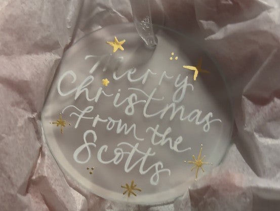 Handwritten Calligraphy Family Name Christmas Ornament: Ceramic, Star or Frosted Glass Bauble [Anniversary Engagement Wedding Gift Proposal]
