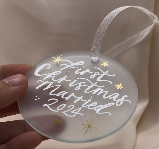 Handwritten Calligraphy Newlywed Christmas Ornament: Ceramic, Star or Frosted Glass Bauble [Anniversary Engagement Wedding Gift Proposal]