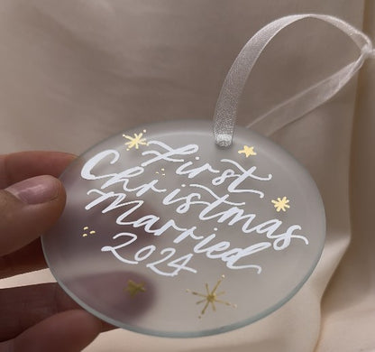 Handwritten Calligraphy Newlywed Christmas Ornament: Ceramic, Star or Frosted Glass Bauble [Anniversary Engagement Wedding Gift Proposal]