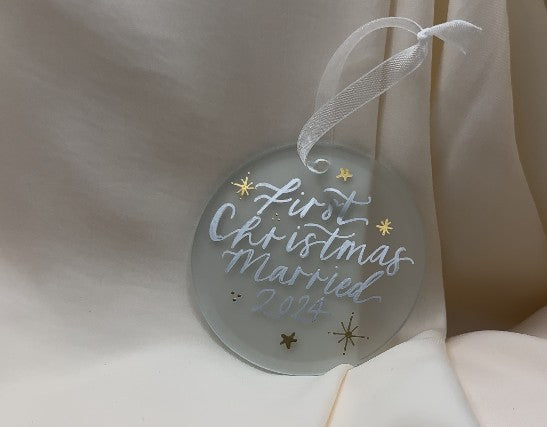 Handwritten Calligraphy Newlywed Christmas Ornament: Ceramic, Star or Frosted Glass Bauble [Anniversary Engagement Wedding Gift Proposal]