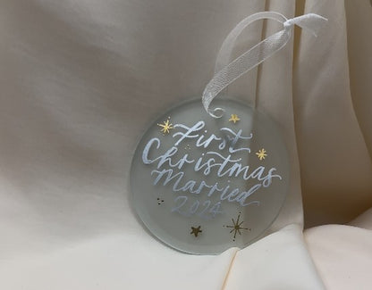Handwritten Calligraphy Newlywed Christmas Ornament: Ceramic, Star or Frosted Glass Bauble [Anniversary Engagement Wedding Gift Proposal]