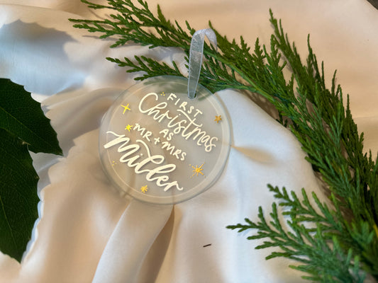 Handwritten Calligraphy Newlywed Christmas Ornament: Ceramic, Star or Frosted Glass Bauble [Anniversary Engagement Wedding Gift Proposal]