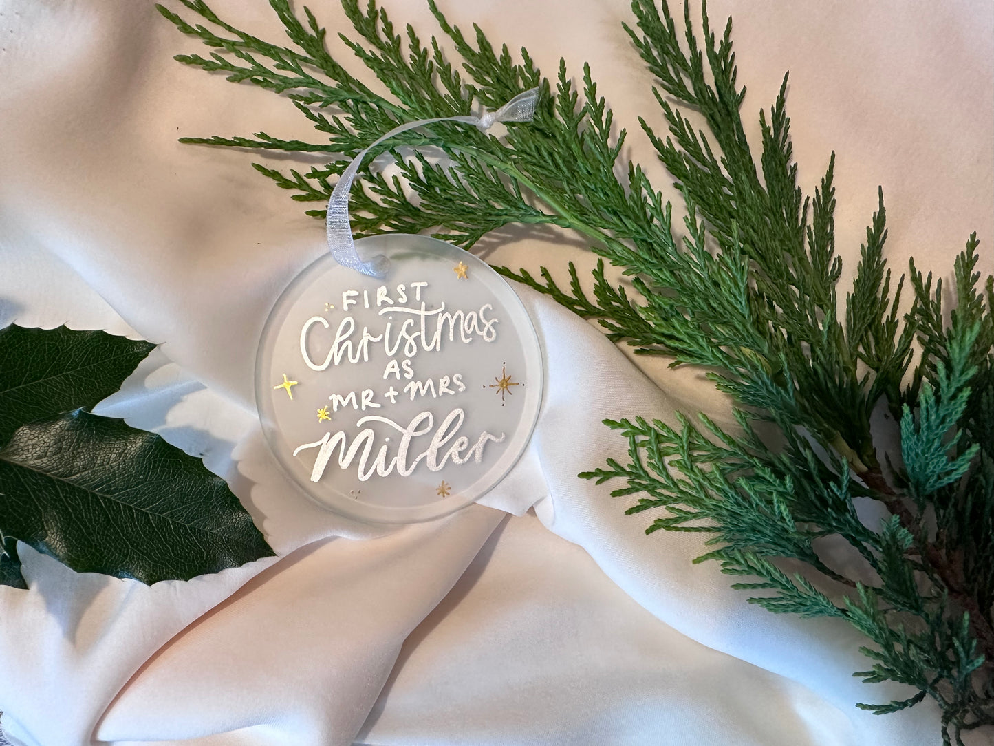 Handwritten Calligraphy Newlywed Christmas Ornament: Ceramic, Star or Frosted Glass Bauble [Anniversary Engagement Wedding Gift Proposal]