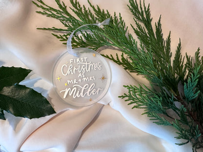 Handwritten Calligraphy Newlywed Christmas Ornament: Ceramic, Star or Frosted Glass Bauble [Anniversary Engagement Wedding Gift Proposal]