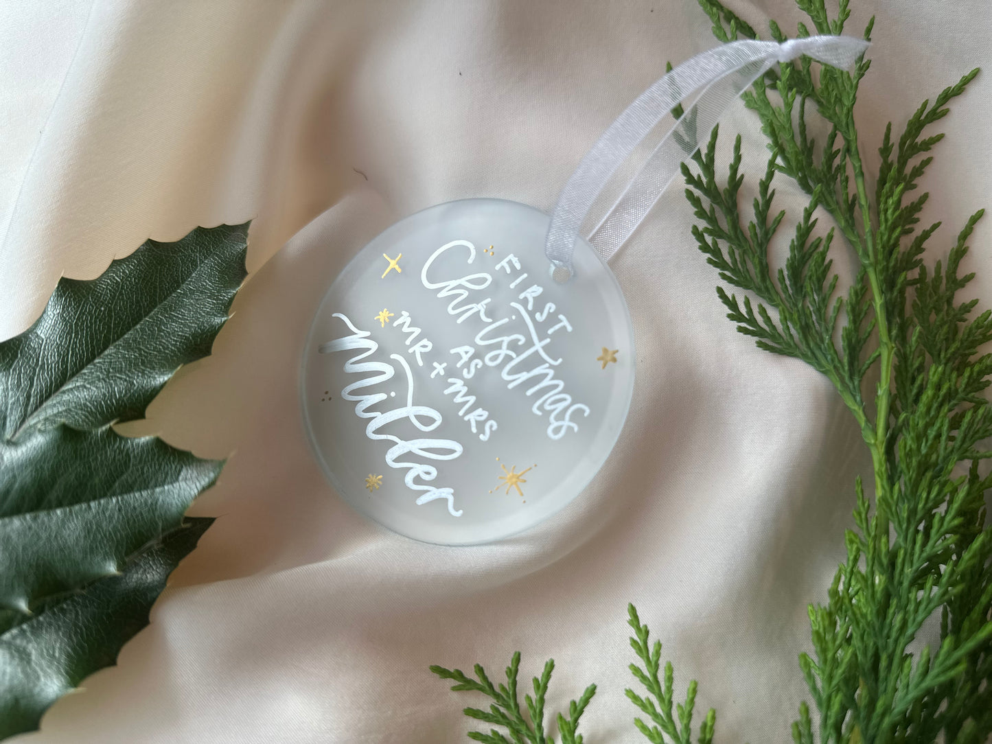 Handwritten Calligraphy Newlywed Christmas Ornament: Ceramic, Star or Frosted Glass Bauble [Anniversary Engagement Wedding Gift Proposal]