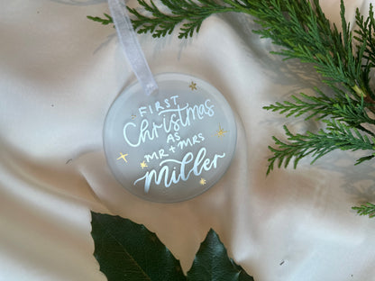 Handwritten Calligraphy Newlywed Christmas Ornament: Ceramic, Star or Frosted Glass Bauble [Anniversary Engagement Wedding Gift Proposal]