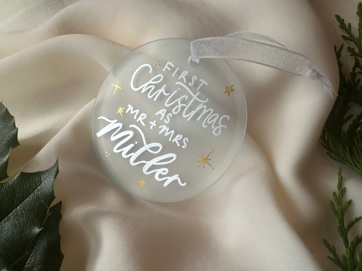 Handwritten Calligraphy Newlywed Christmas Ornament: Ceramic, Star or Frosted Glass Bauble [Anniversary Engagement Wedding Gift Proposal]