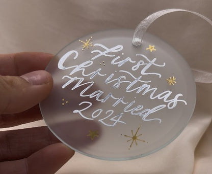 Handwritten Calligraphy Newlywed Christmas Ornament: Ceramic, Star or Frosted Glass Bauble [Anniversary Engagement Wedding Gift Proposal]