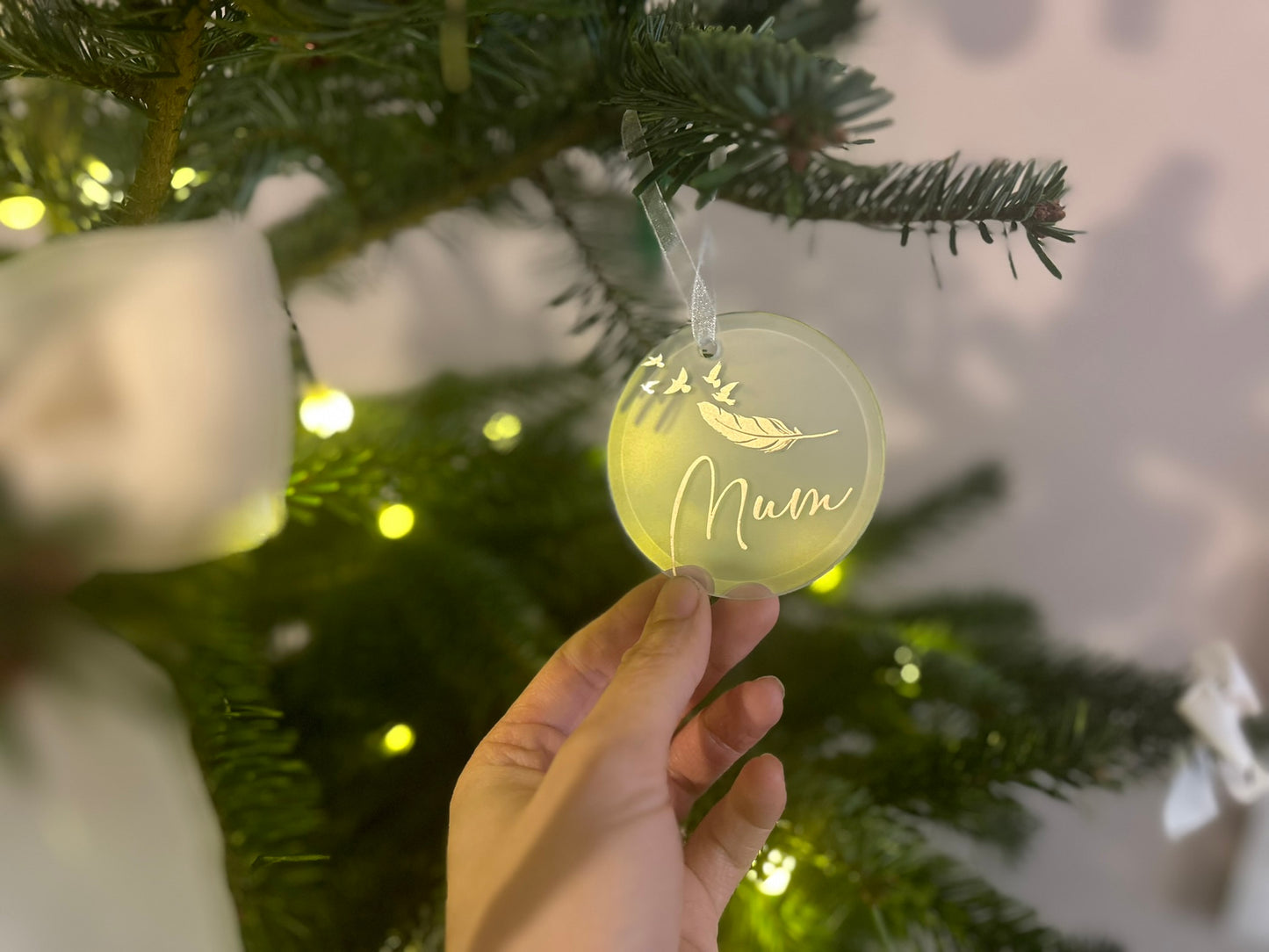 Personalised Christmas Memorial Ornament: Ceramic or Glass Feather Keepsake [Loss Grief Pet Loss Baby Loss Parent Loss]