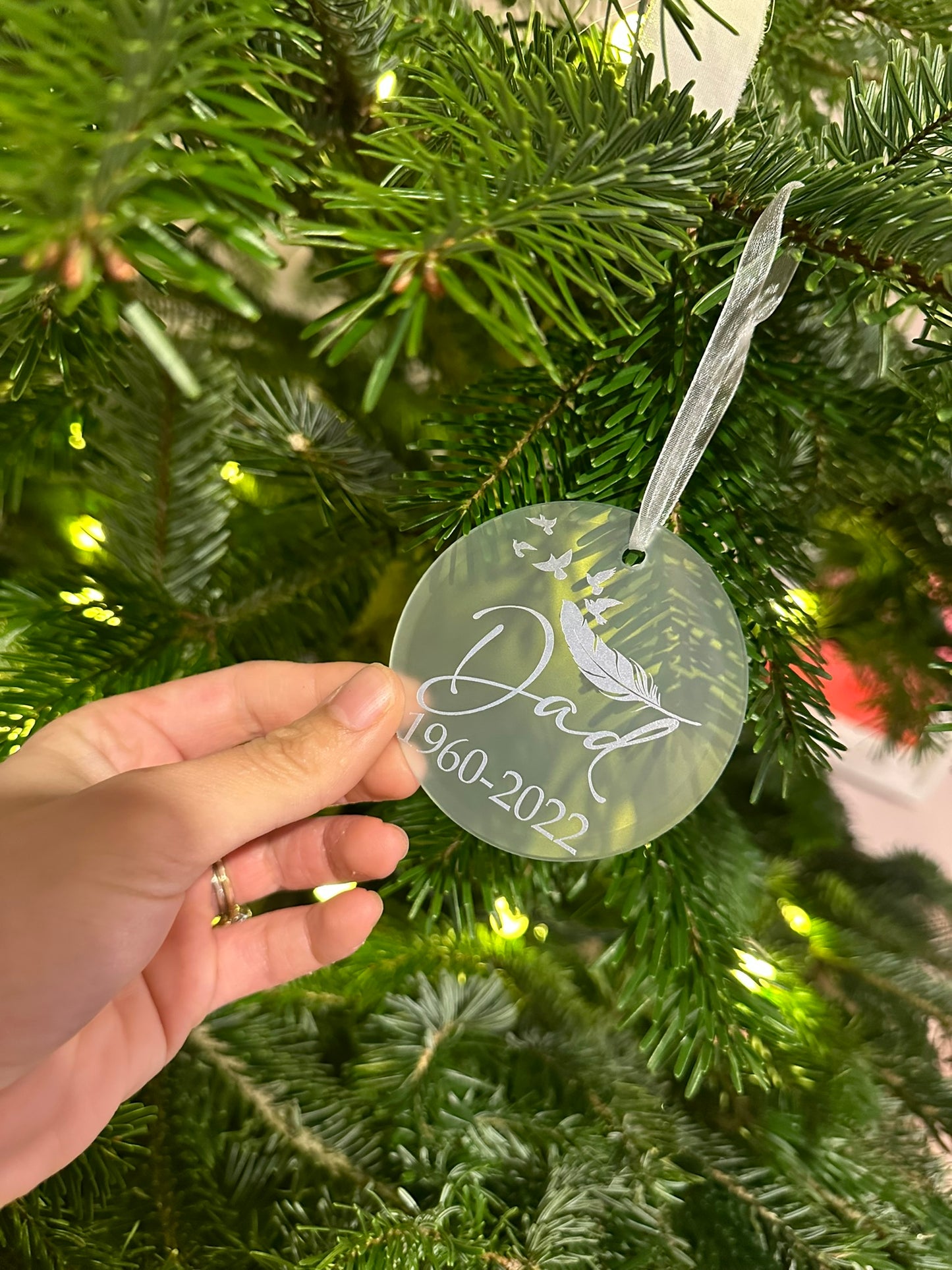 Personalised Christmas Memorial Ornament: Ceramic or Glass Feather Keepsake [Loss Grief Pet Loss Baby Loss Parent Loss]