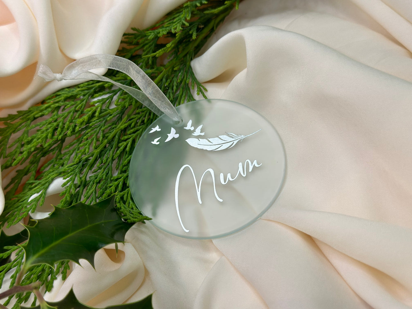 Personalised Christmas Memorial Ornament: Ceramic or Glass Feather Keepsake [Loss Grief Pet Loss Baby Loss Parent Loss]
