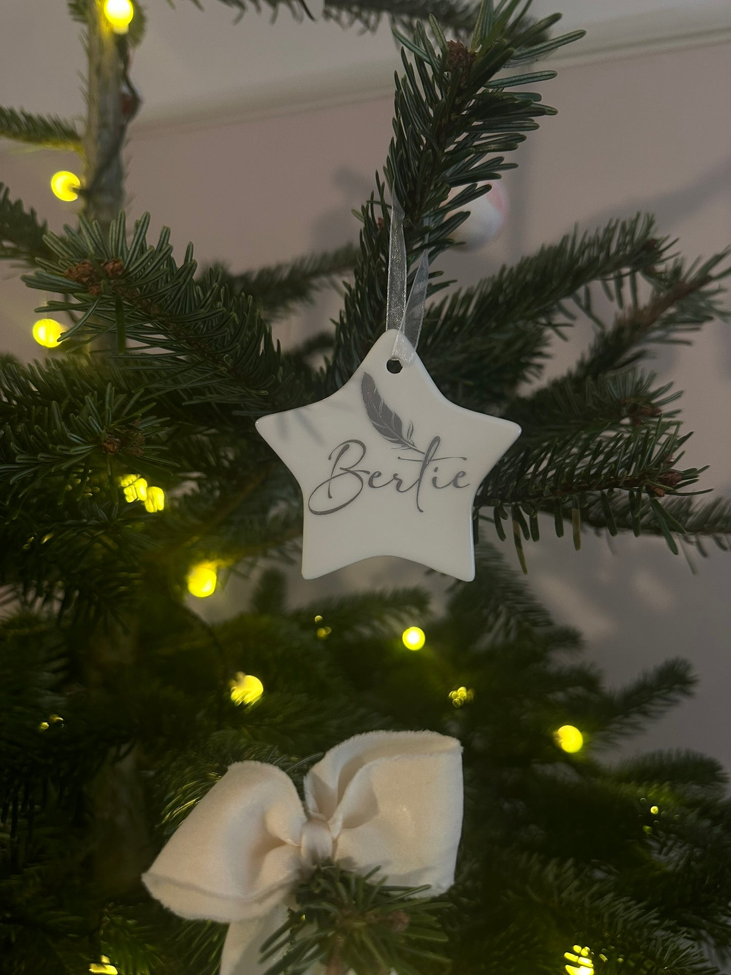 Personalised Christmas Memorial Ornament: Ceramic, Star or Glass Feather Keepsake [Loss Grief Pet Loss Baby Loss Parent Loss]