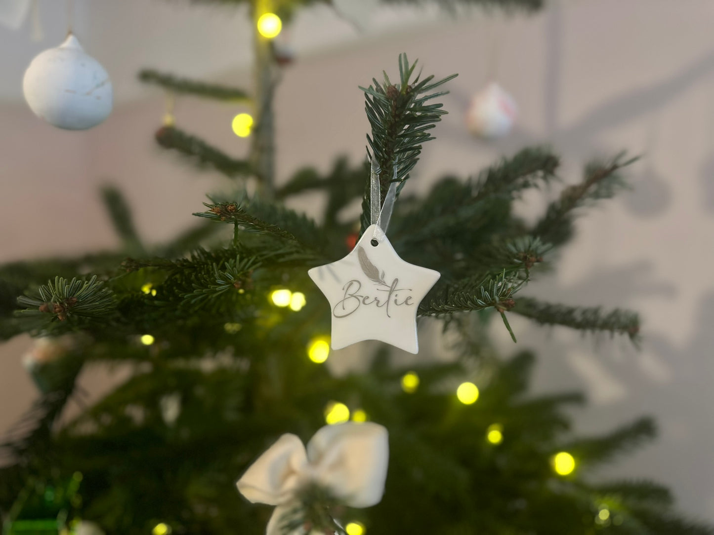Personalised Christmas Memorial Ornament: Ceramic, Star or Glass Feather Keepsake [Loss Grief Pet Loss Baby Loss Parent Loss]