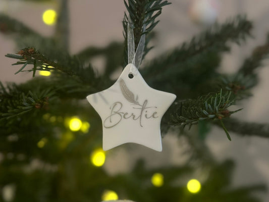 Personalised Christmas Memorial Ornament: Ceramic, Star or Glass Feather Keepsake [Loss Grief Pet Loss Baby Loss Parent Loss]