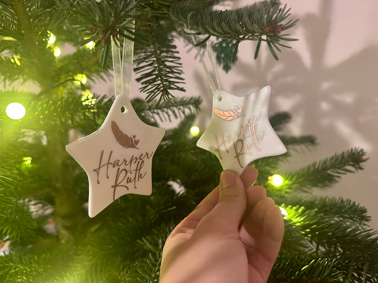 Personalised Christmas Memorial Ornament: Ceramic, Star or Glass Feather Keepsake [Loss Grief Pet Loss Baby Loss Parent Loss]
