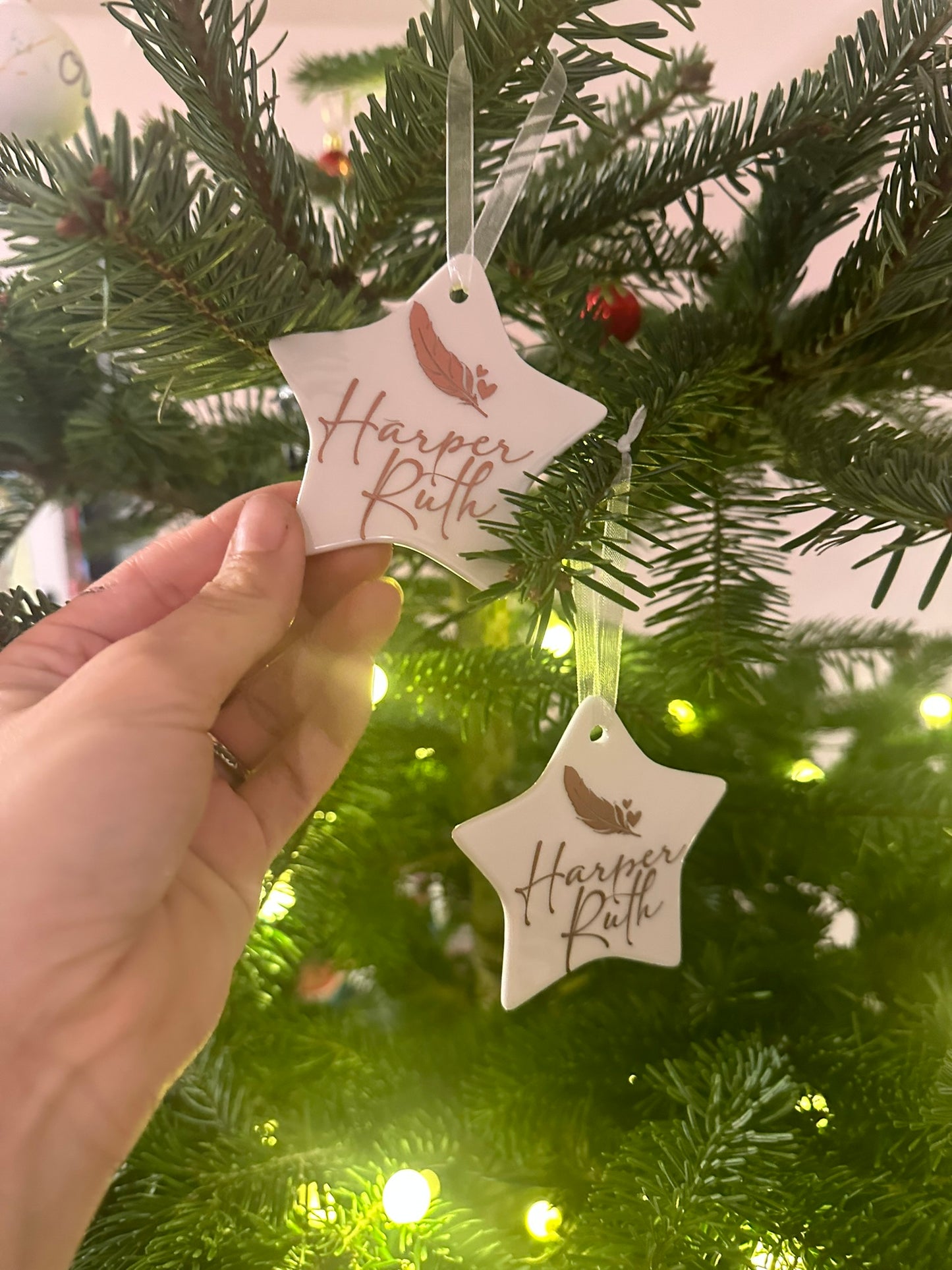 Personalised Christmas Memorial Ornament: Ceramic, Star or Glass Feather Keepsake [Loss Grief Pet Loss Baby Loss Parent Loss]