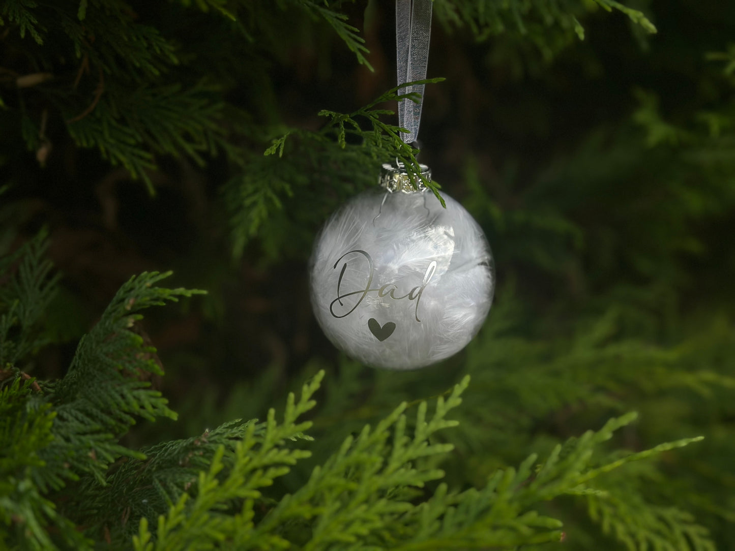 Personalised White Feather Memorial Bauble: Glass Remembrance Ornament [Christmas Bereavement Parent Baby Loss]