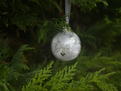 Personalised White Feather Memorial Bauble: Glass Remembrance Ornament [Christmas Bereavement Parent Baby Loss]