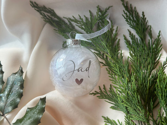christmas memorial bauble, feather filled glass bauble, personalised remembrance ornament, parent loss ornament, grandparent loss ornament, child loss memorial, sympathy christmas gift, luxury glass bauble, memorial tree ornament, personalised keepsake, grief gift ornament, remembrance christmas decoration, feather memorial ornament, bereavement gift, christmas memory ornament, handmade christmas bauble, personalised sympathy gift, memorial hanging decoration, lost loved one ornament, festive remembrance gi