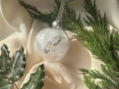 Personalised White Feather Memorial Bauble: Glass Remembrance Ornament [Christmas Bereavement Parent Baby Loss]
