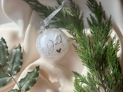 Personalised White Feather Memorial Bauble: Glass Remembrance Ornament [Christmas Bereavement Parent Baby Loss]