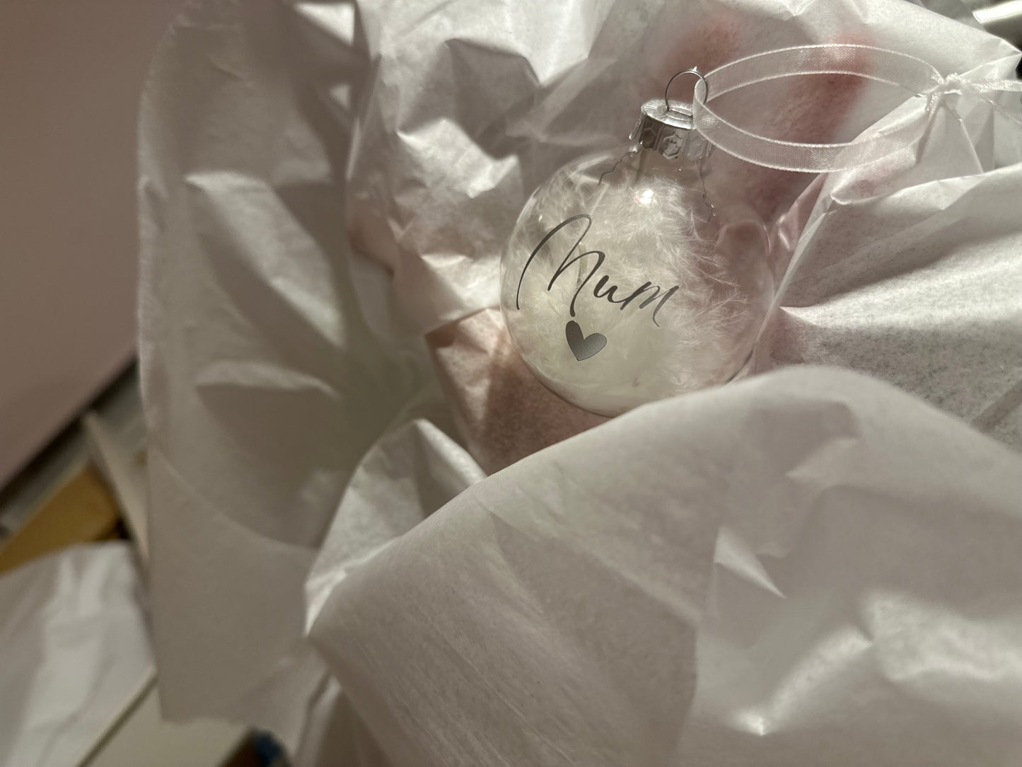 Personalised White Feather Memorial Bauble: Glass Remembrance Ornament [Christmas Bereavement Parent Baby Loss]