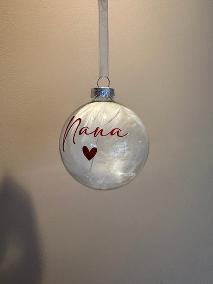 Personalised White Feather Memorial Bauble: Glass Remembrance Ornament [Christmas Bereavement Parent Baby Loss]