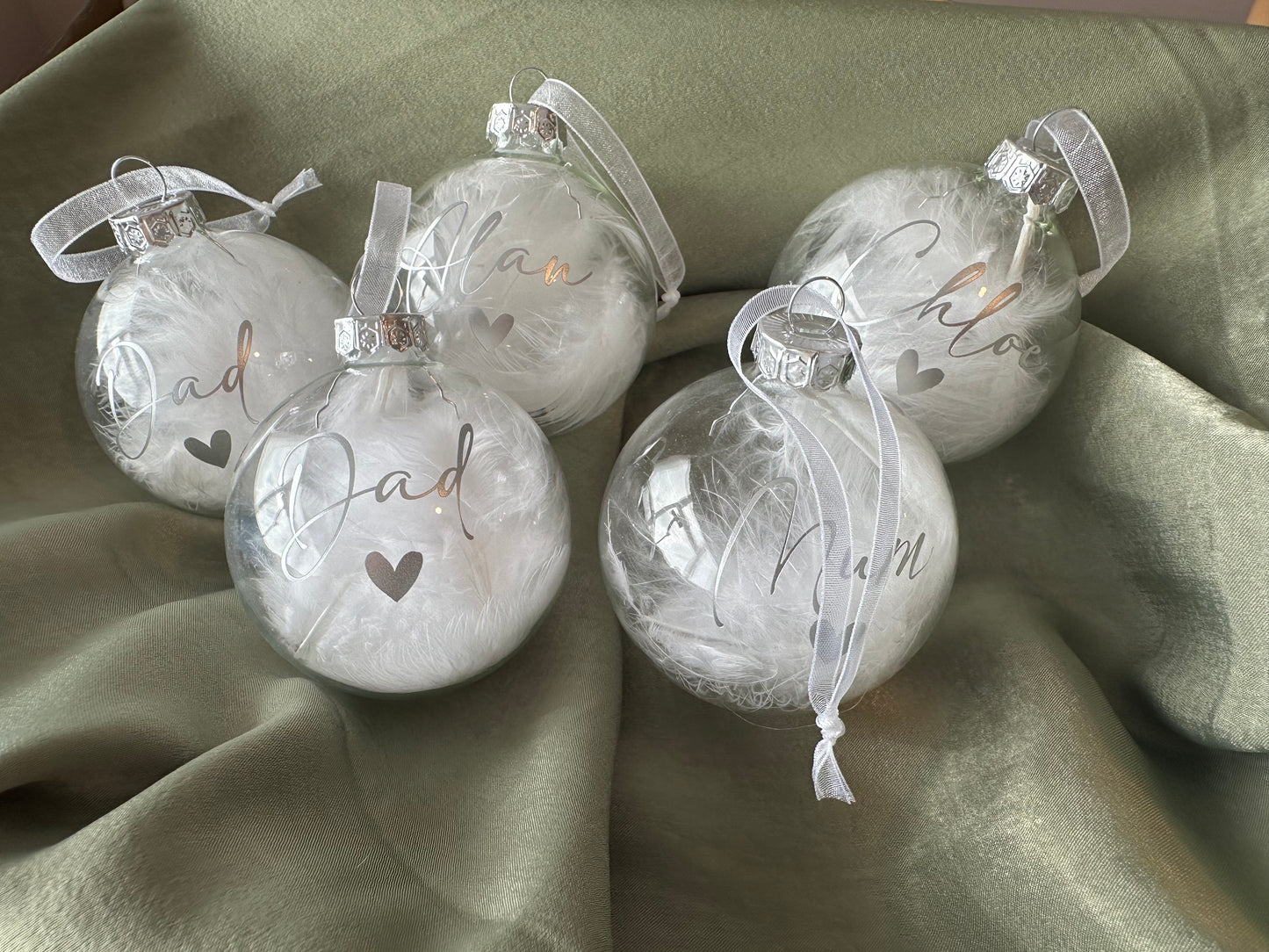 Personalised White Feather Memorial Bauble: Glass Remembrance Ornament [Christmas Bereavement Parent Baby Loss]
