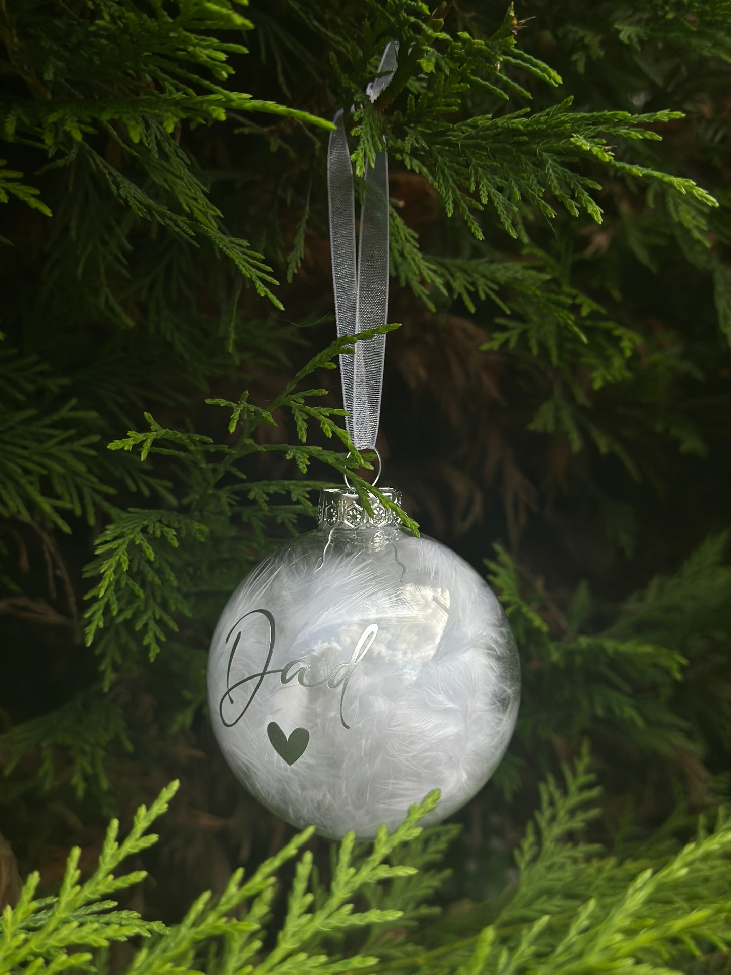 Personalised White Feather Memorial Bauble: Glass Remembrance Ornament [Christmas Bereavement Parent Baby Loss]