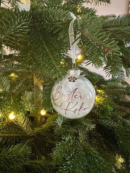 Personalised White Feather Paw Memorial Bauble: Dog, Cat, Pet Glass Remembrance Ornament
