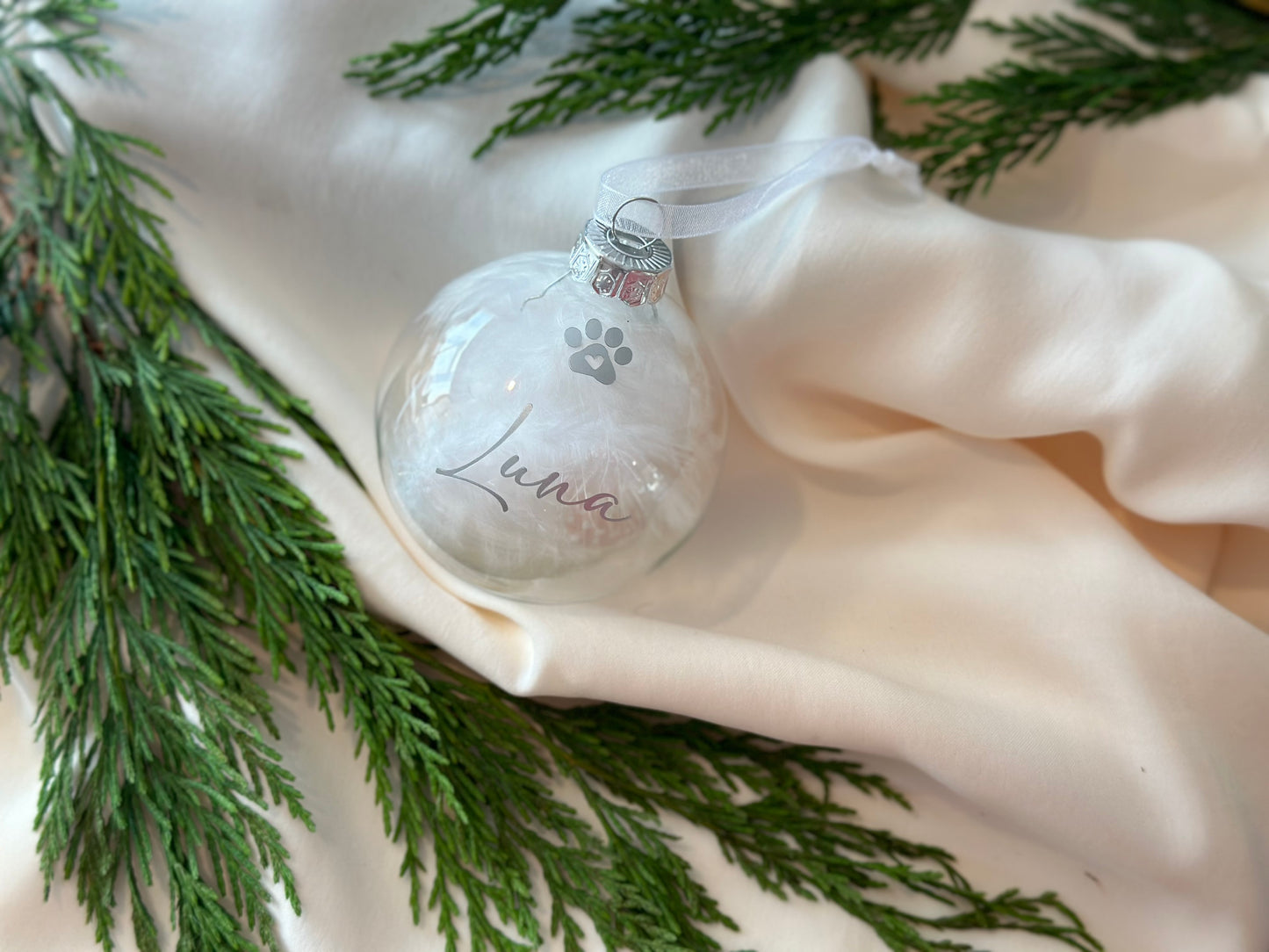 Personalised White Feather Paw Memorial Bauble: Dog, Cat, Pet Glass Remembrance Ornament