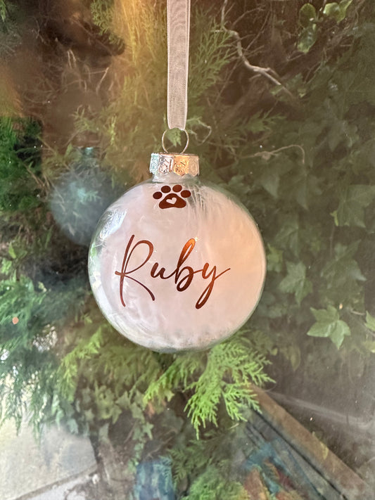 Personalised White Feather Paw Memorial Bauble: Dog, Cat, Pet Glass Remembrance Ornament