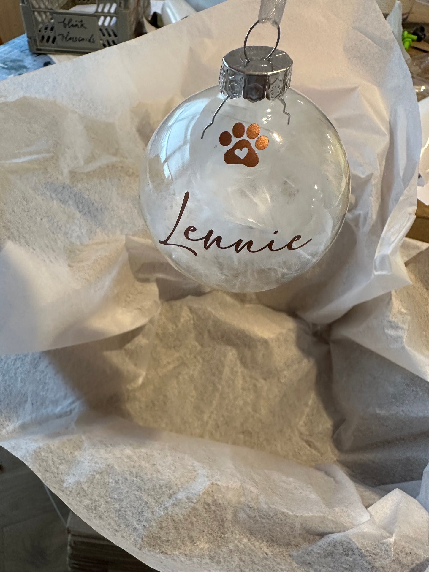 Personalised White Feather Paw Memorial Bauble: Dog, Cat, Pet Glass Remembrance Ornament